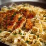 Plate of crispy chicken fettuccine alfredo with creamy sauce and herbs