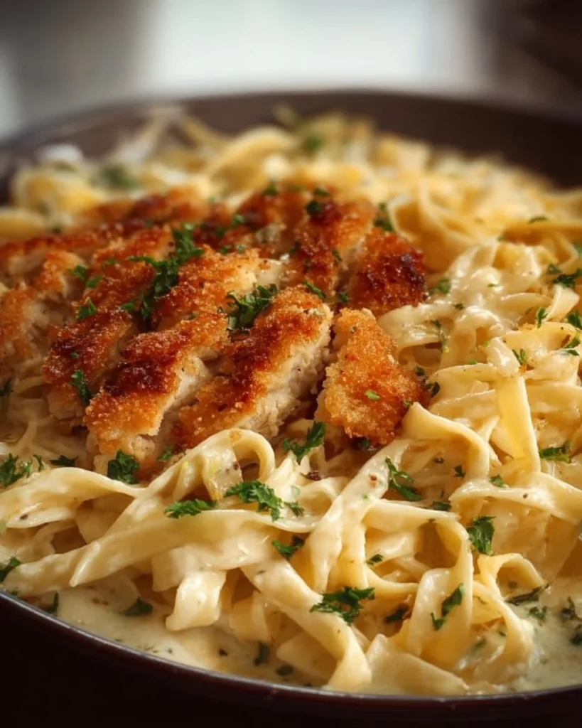 Plate of crispy chicken fettuccine alfredo with creamy sauce and herbs