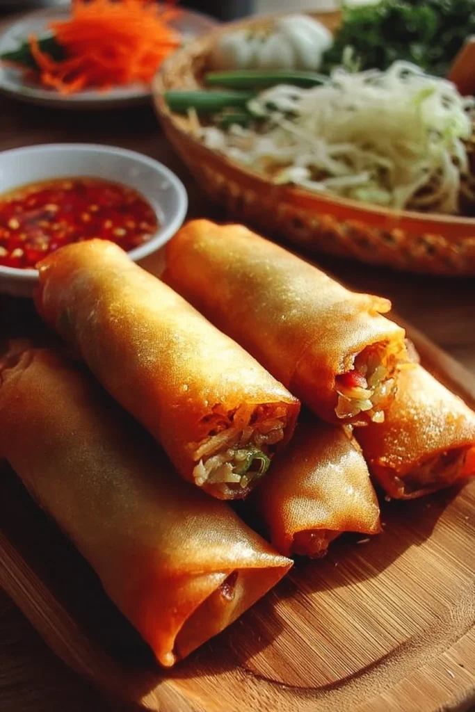 Delicious crispy chicken spring rolls served with dipping sauce.