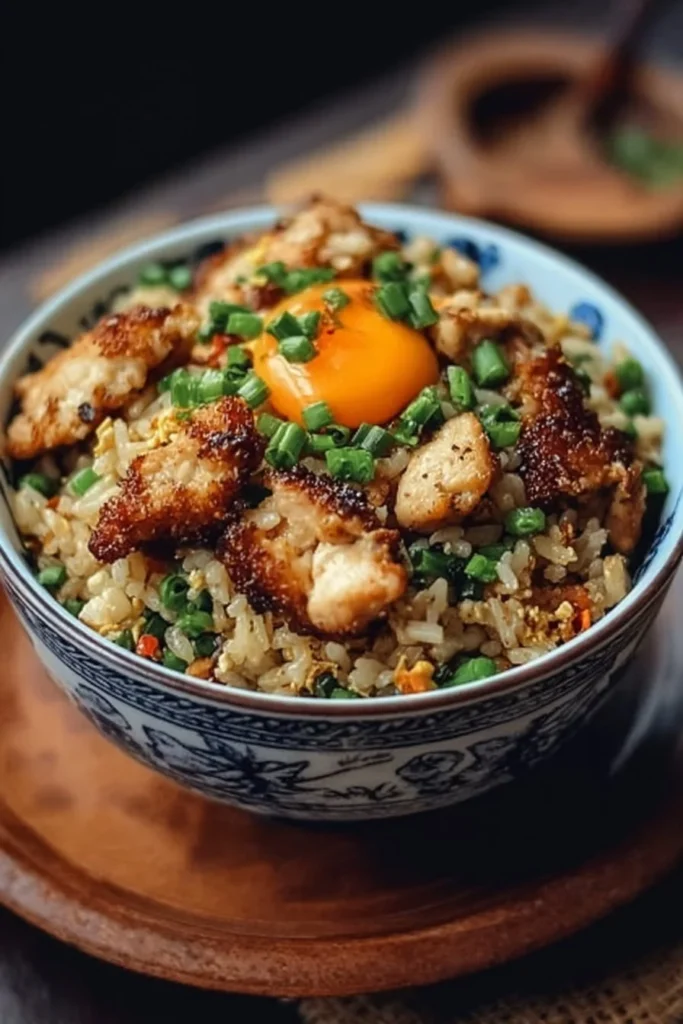 Crispy Garlic Chicken Fried Rice Bowl garnished with fresh herbs and vegetables