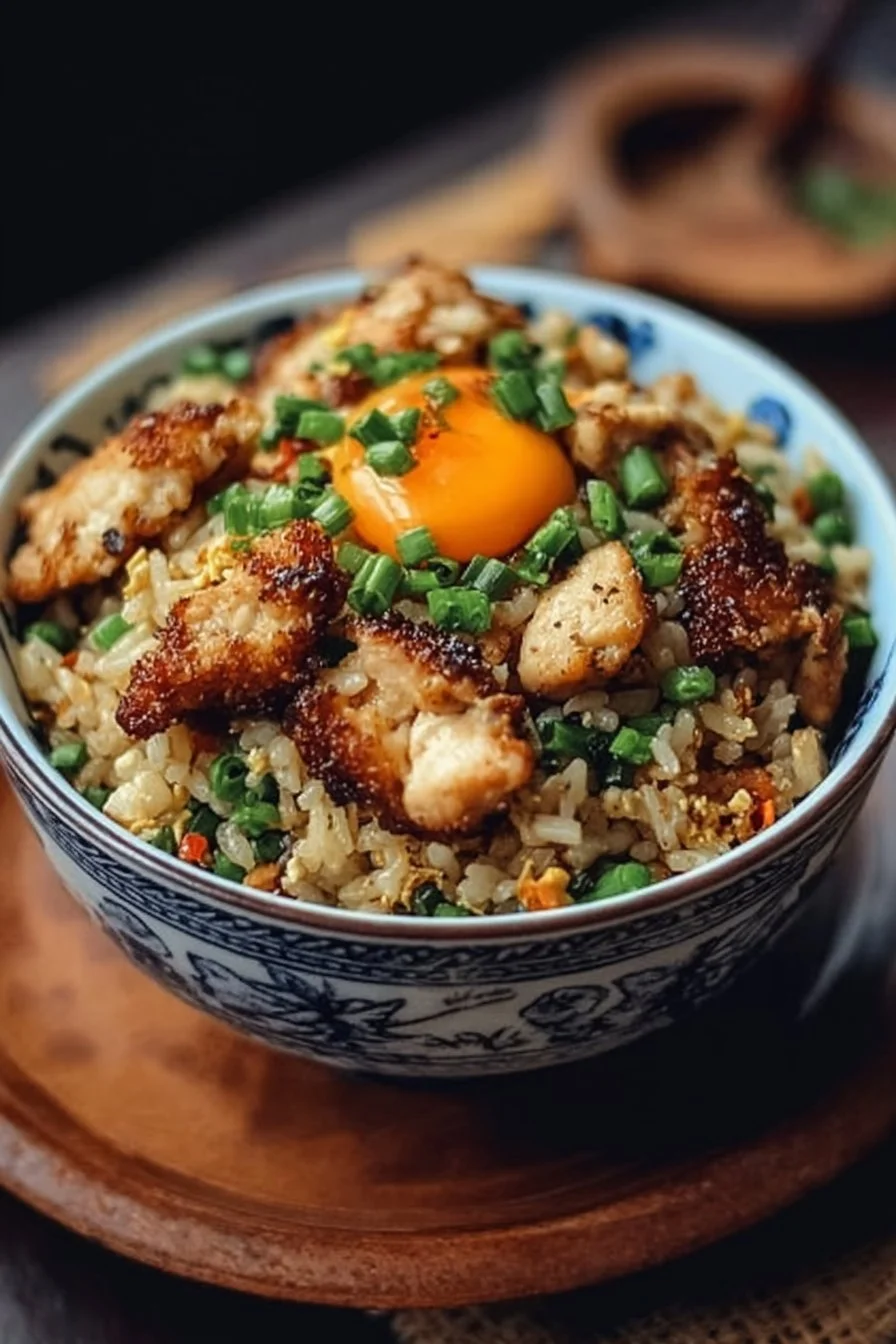 Crispy Garlic Chicken Fried Rice Bowl garnished with fresh herbs and vegetables