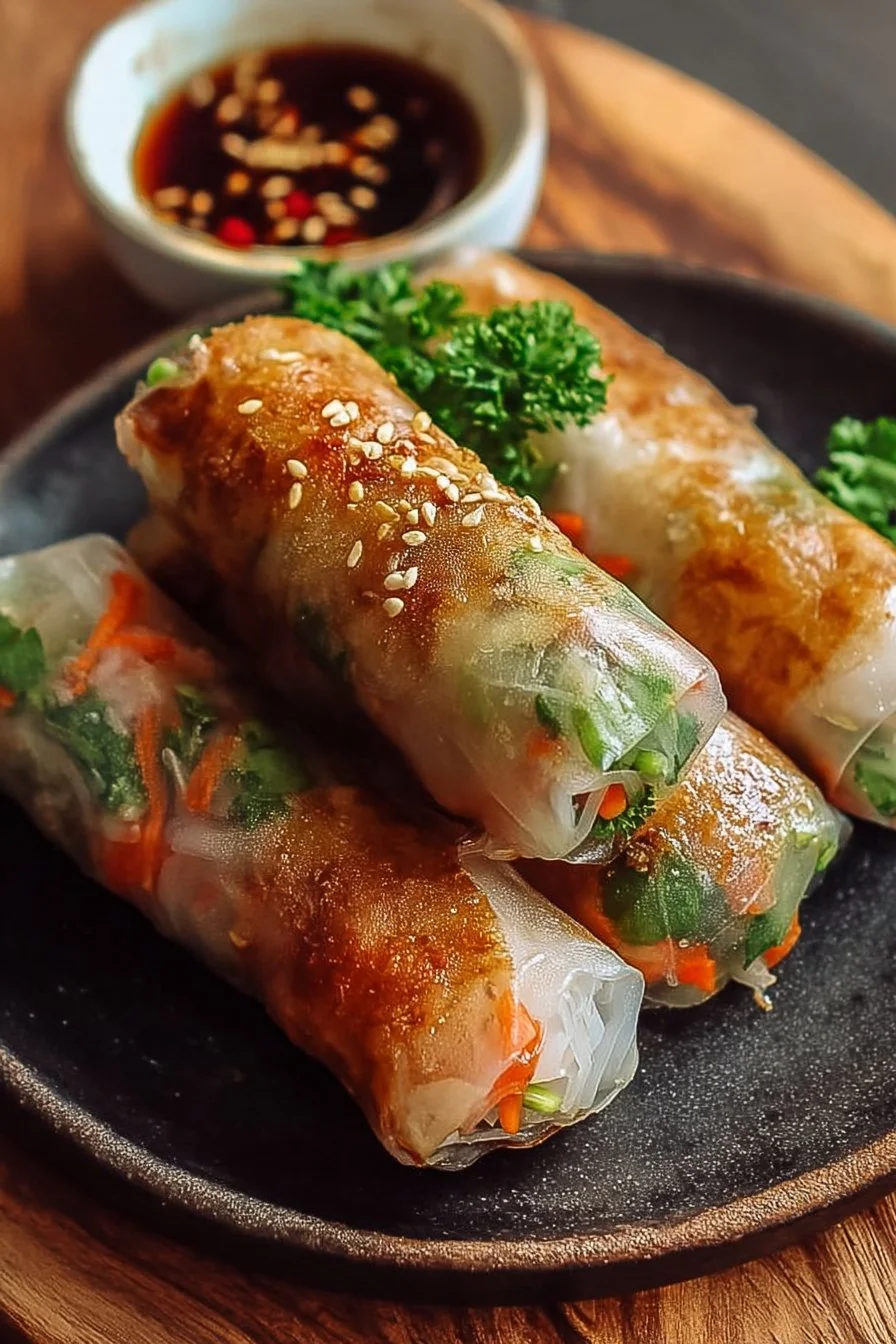 Crispy rice paper spring rolls filled with fresh vegetables and served with dipping sauce.