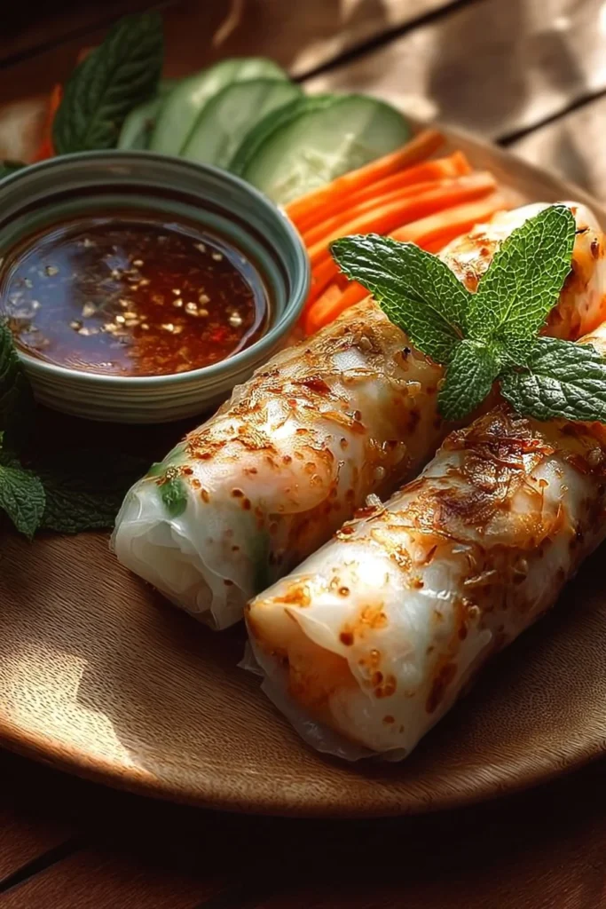 Crispy rice paper spring rolls filled with fresh vegetables and herbs