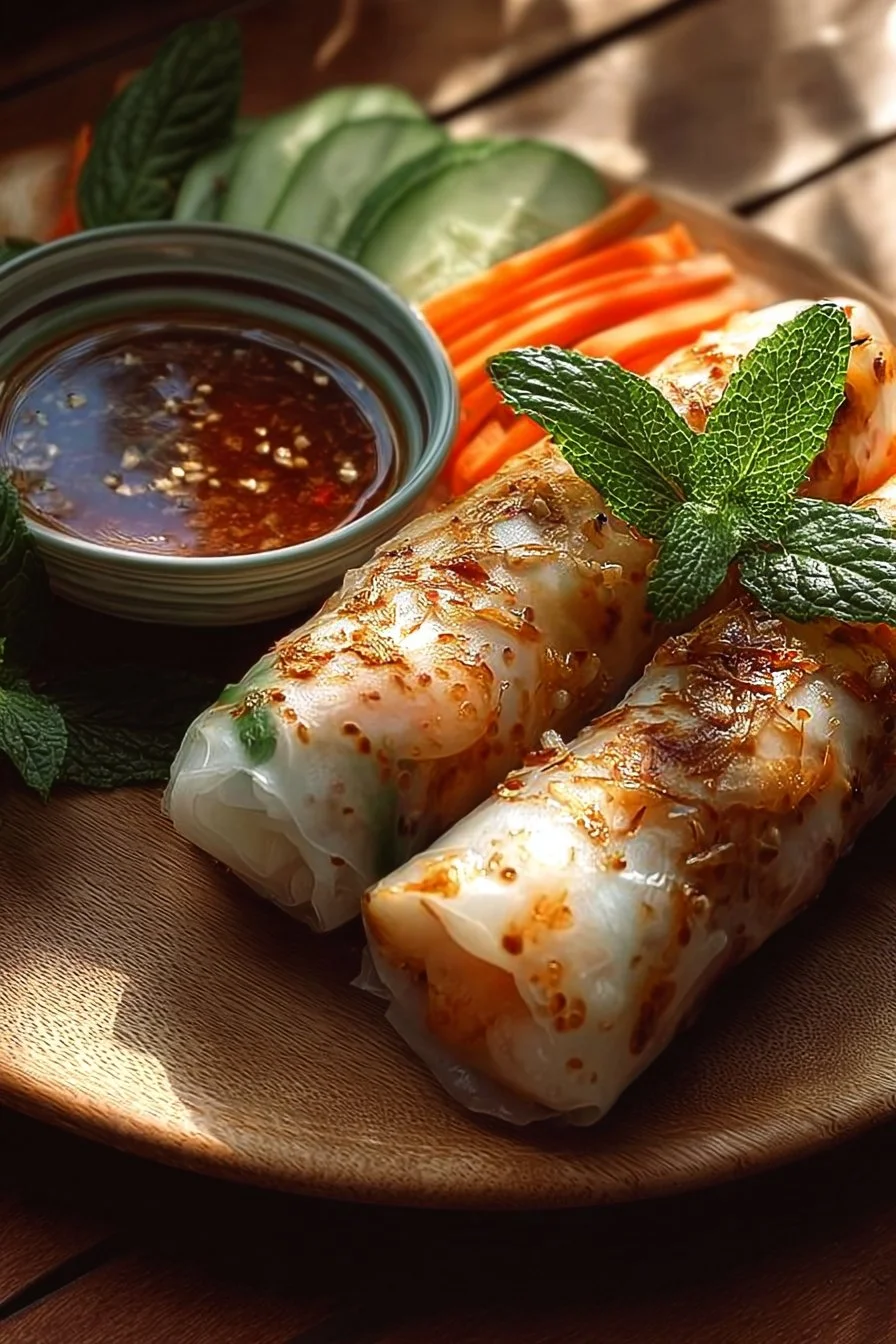 Crispy rice paper spring rolls filled with fresh vegetables and herbs
