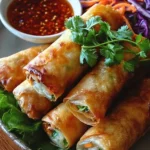 Plate of crispy Thai veggie spring rolls filled with fresh vegetables