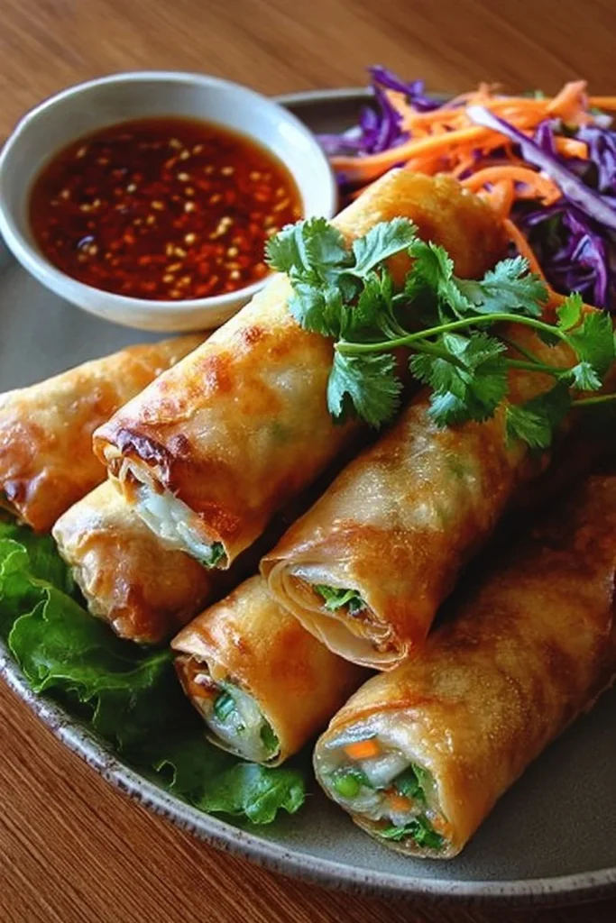 Plate of crispy Thai veggie spring rolls filled with fresh vegetables