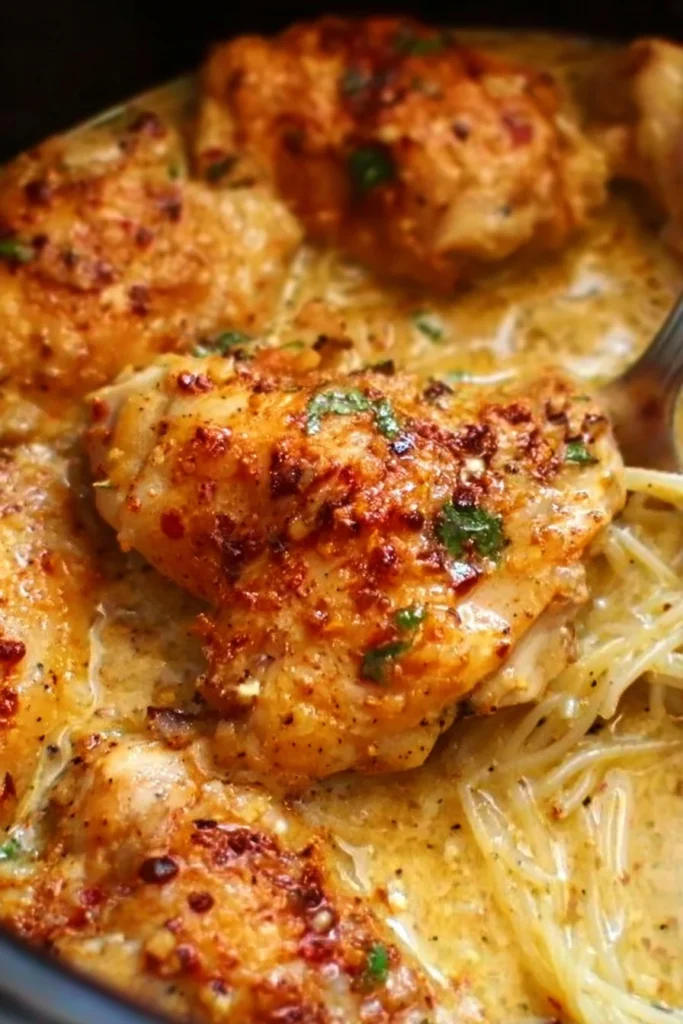 Delicious Crock Pot Angel Chicken served with creamy sauce