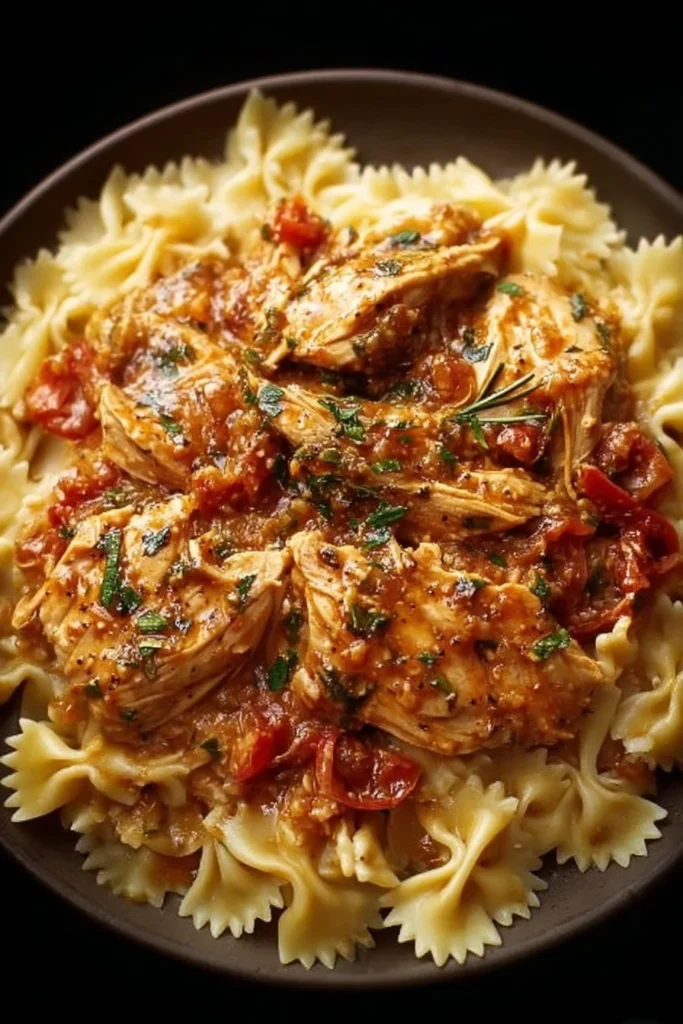 Crockpot Angel Chicken served with pasta in a bowl garnished with herbs.