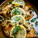 Delicious crockpot chicken piccata with lemon and capers in a bowl