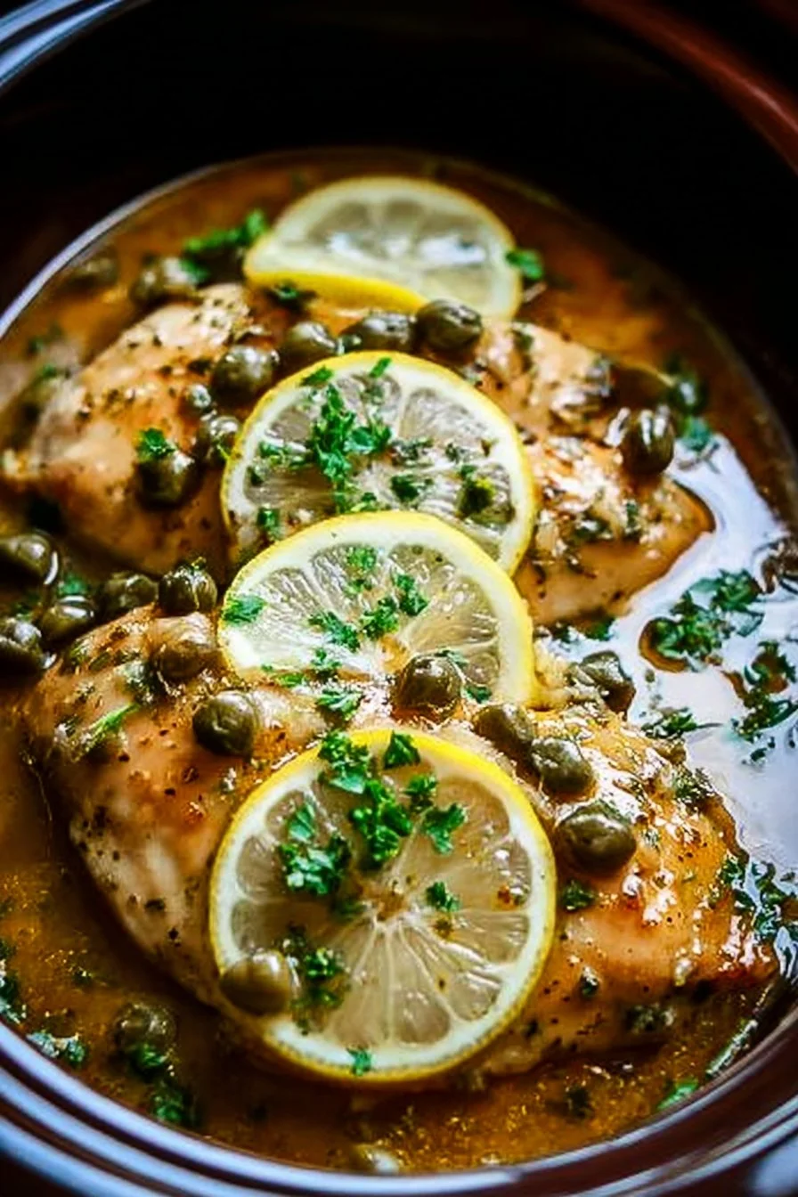 Delicious crockpot chicken piccata with lemon and capers in a bowl