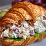 Croissant chicken salad sandwich with fresh ingredients on a plate