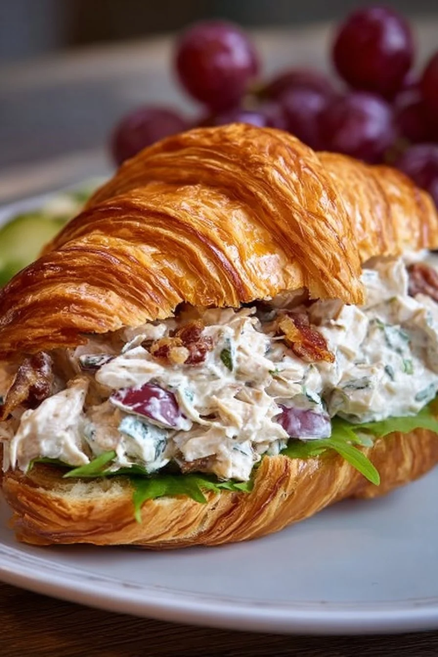 Croissant chicken salad sandwich with fresh ingredients on a plate