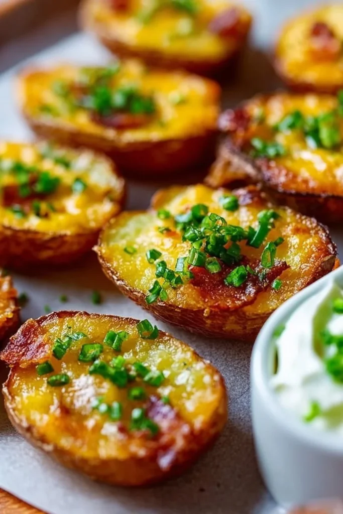 Plate of crunchy mini potato skins topped with cheese and green onions