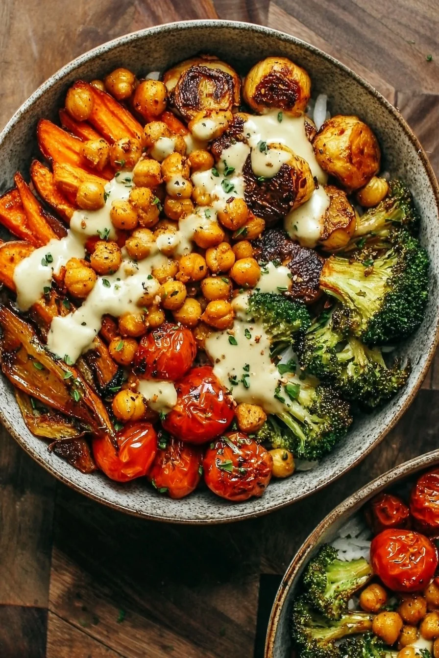 Colorful roasted veggie chickpea bowl with assorted vegetables and herbs