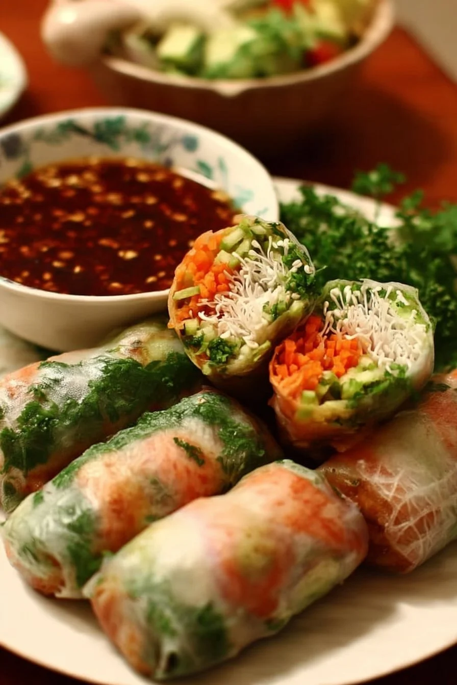 Plate of delicious Thai Spring Rolls served with dipping sauce