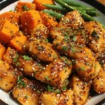 Delicious honey garlic chicken served with sweet potatoes on a dinner plate