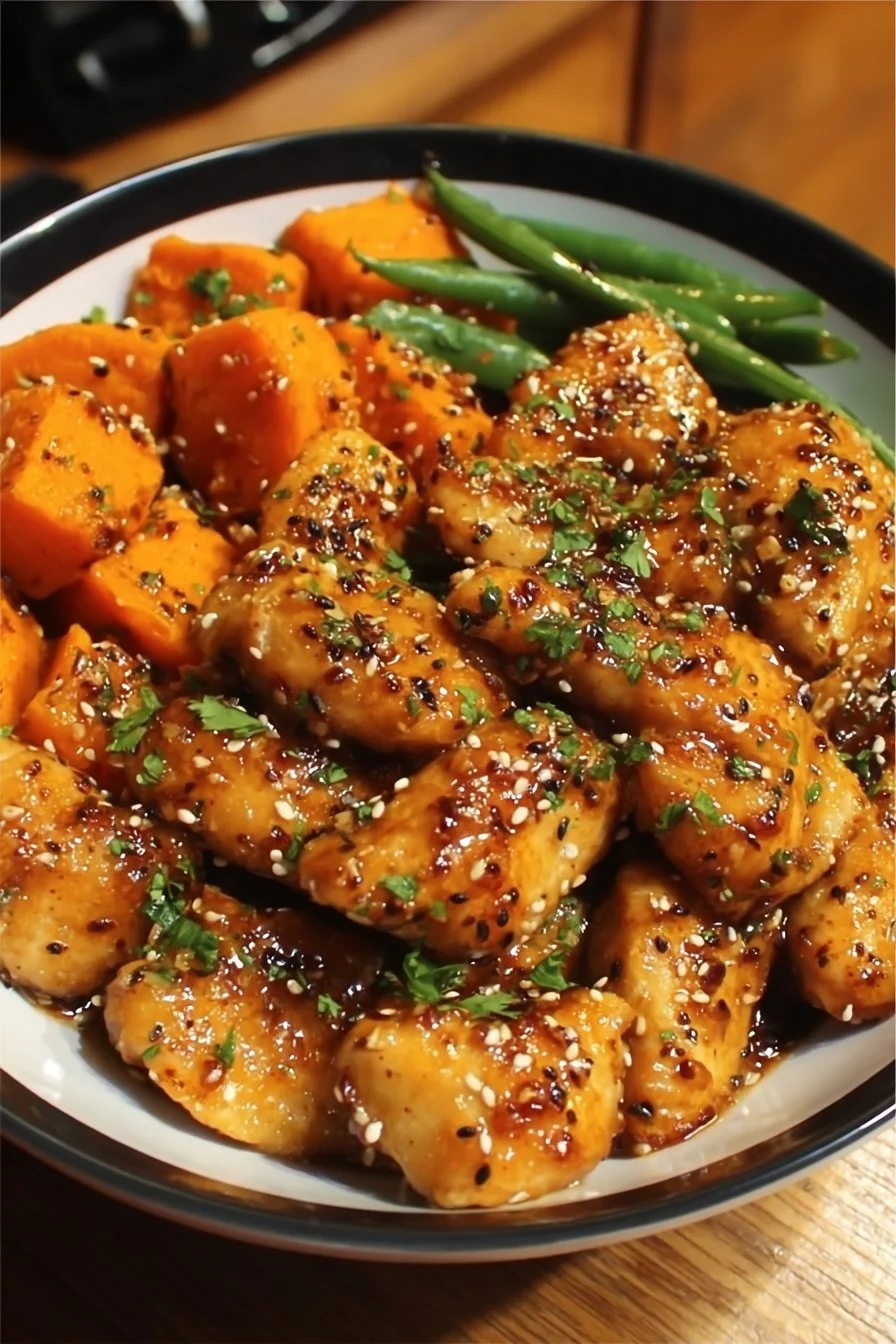 Delicious honey garlic chicken served with sweet potatoes on a dinner plate