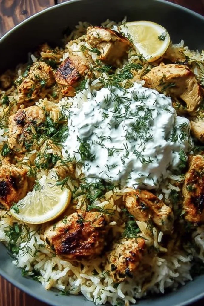 Delicious Chicken Tzatziki Rice served in a bowl for an easy dinner recipe