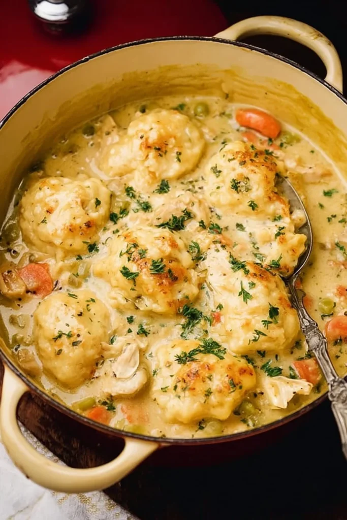 Delicious Dutch Oven Chicken and Dumplings served in a rustic dish.