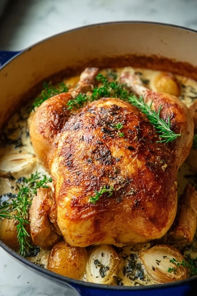 Golden-brown Dutch Oven Roast Chicken garnished with herbs and vegetables