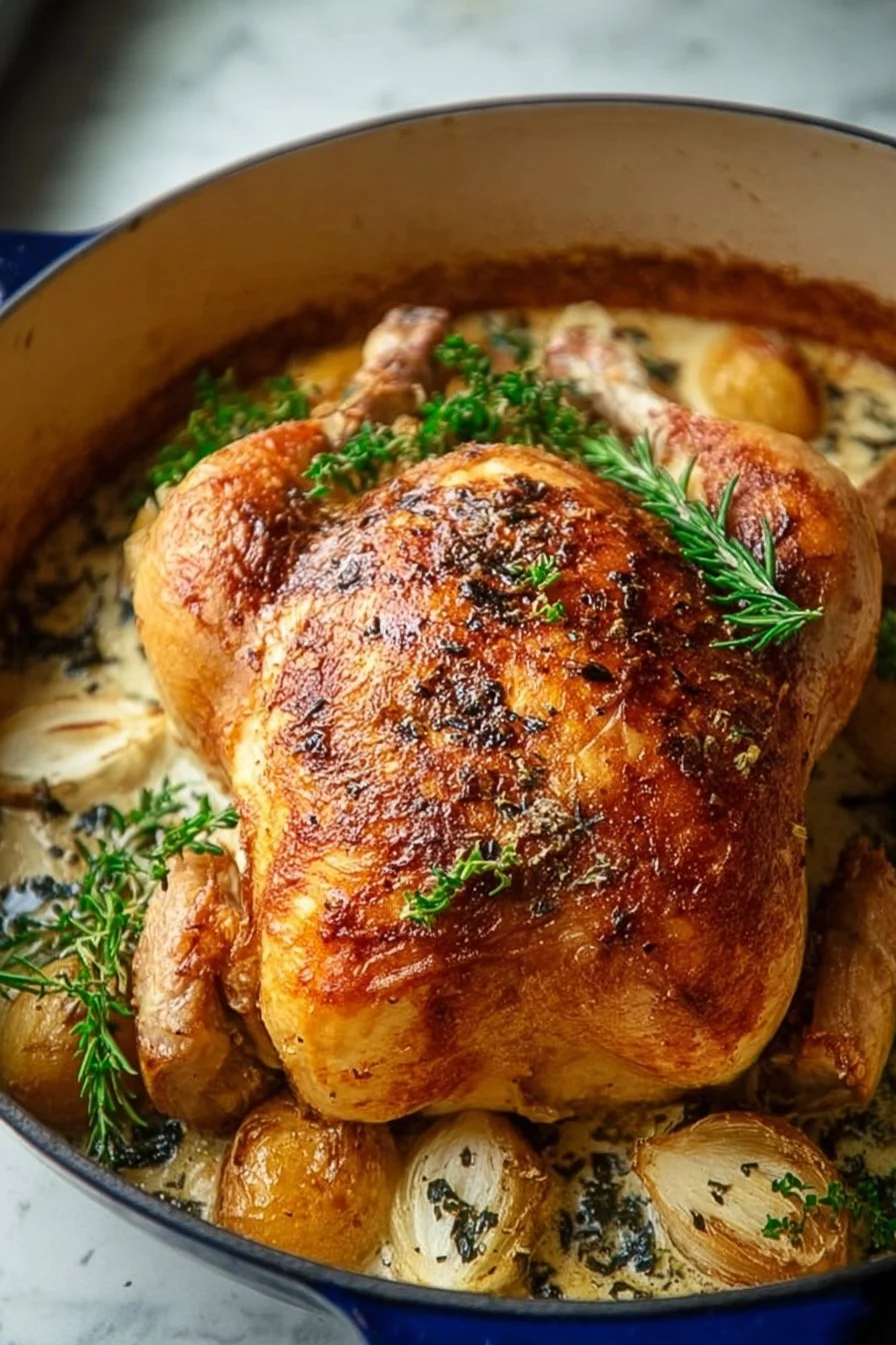 Golden-brown Dutch Oven Roast Chicken garnished with herbs and vegetables