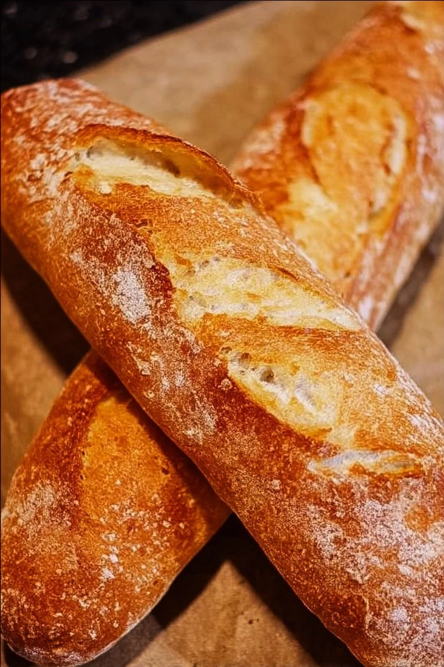 Freshly baked easy baguette on a wooden table