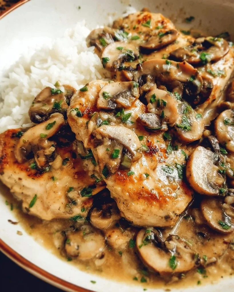 Easy chicken dinner served with garlic and sautéed mushrooms