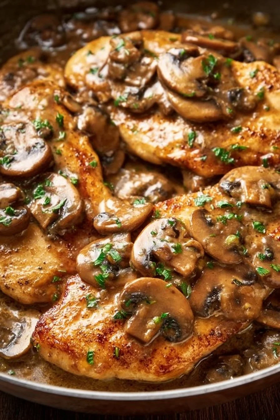 Plate of Easy Chicken Marsala with mushrooms and pasta