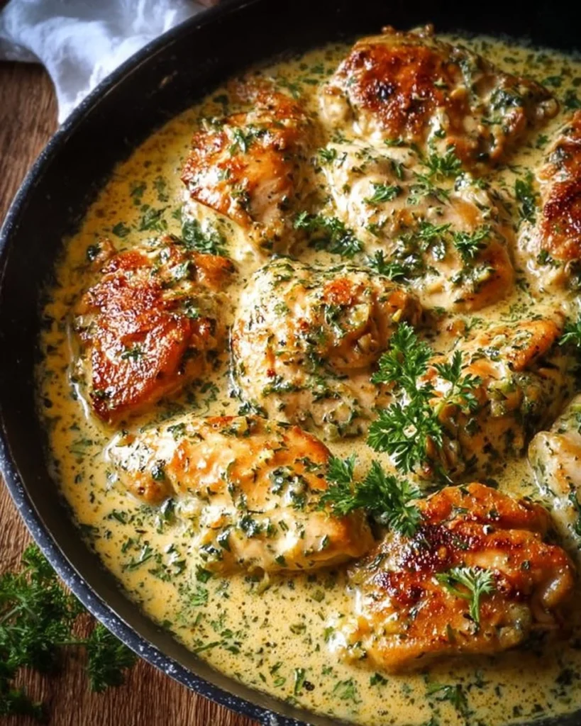 Creamy garlic parmesan chicken skillet dish served with herbs