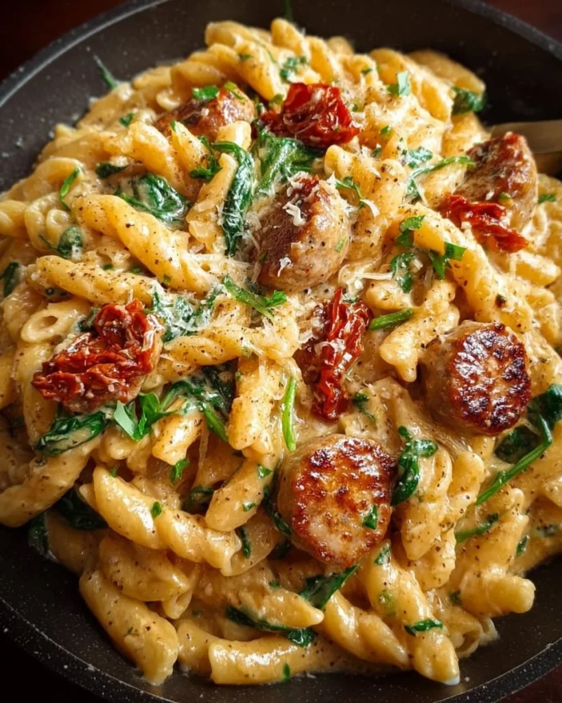 Creamy Tuscan chicken sausage pasta skillet in a pan