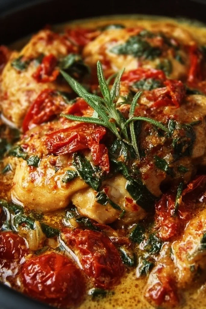 Delicious Easy Crockpot Tuscan Garlic Chicken served with herbs and cream sauce