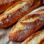 Freshly baked crusty mini baguettes on a wooden table