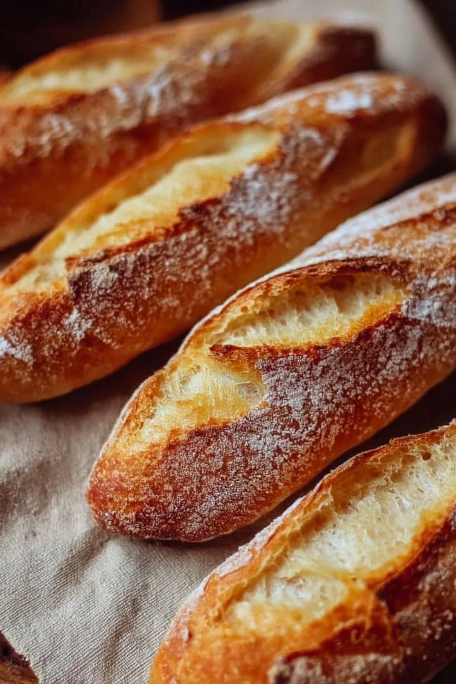 Freshly baked crusty mini baguettes on a wooden table