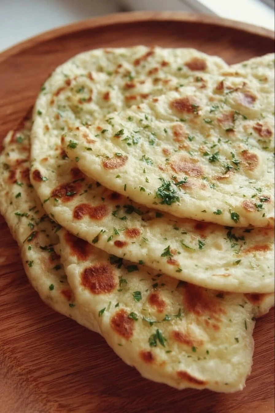Delicious easy garlic flatbread with no yeast, fresh out of the oven.