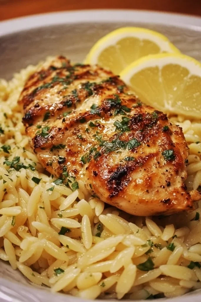 Plate of Greek Lemon Garlic Chicken served with orzo and garnished with herbs