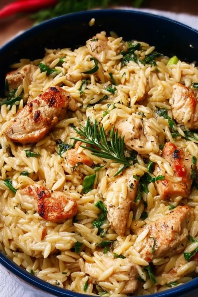 Easy high protein chicken orzo with vegetables for a nutritious meal