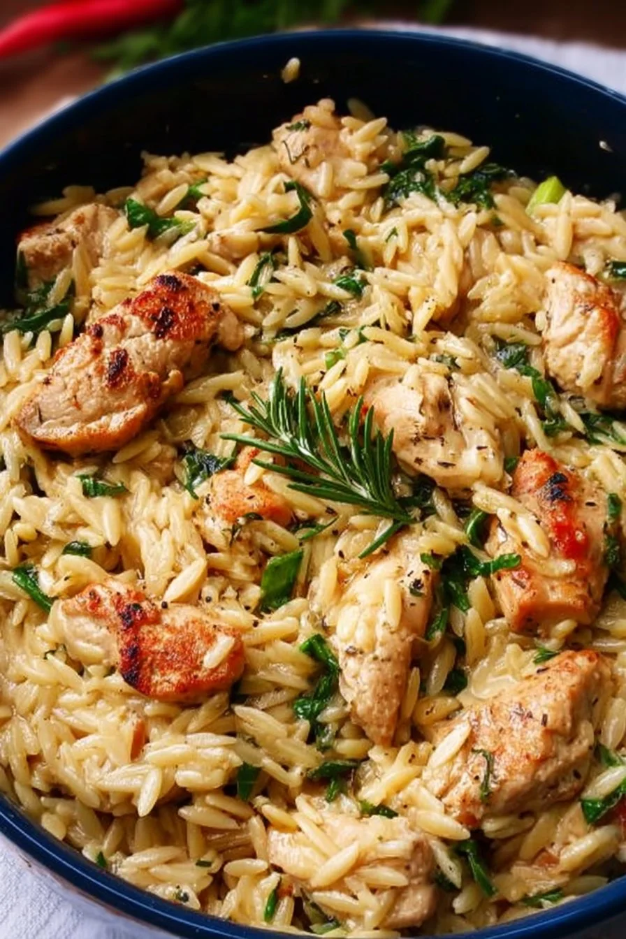 Easy high protein chicken orzo with vegetables for a nutritious meal