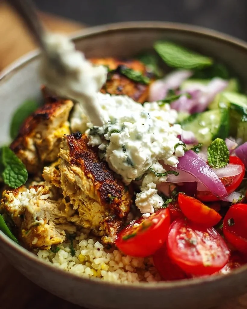 Delicious Easy Mediterranean Chicken Bowl with fresh vegetables and herbs.