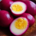 Homemade easy red beet pickled eggs served on a plate