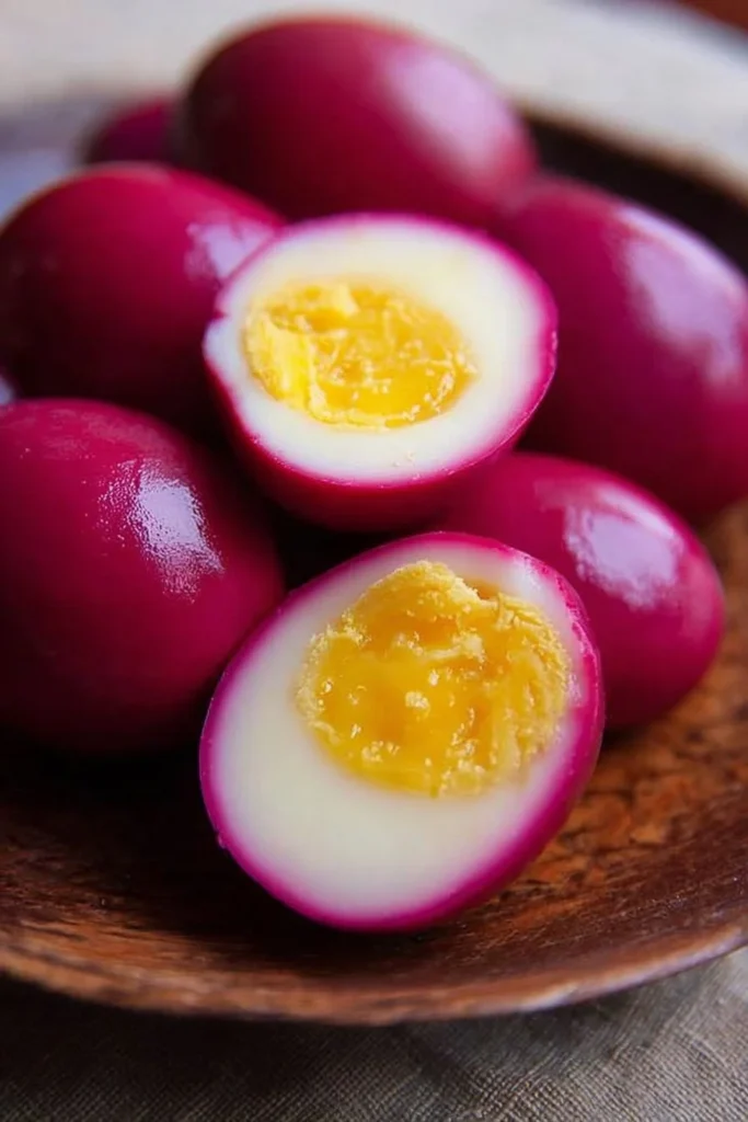 Homemade easy red beet pickled eggs served on a plate