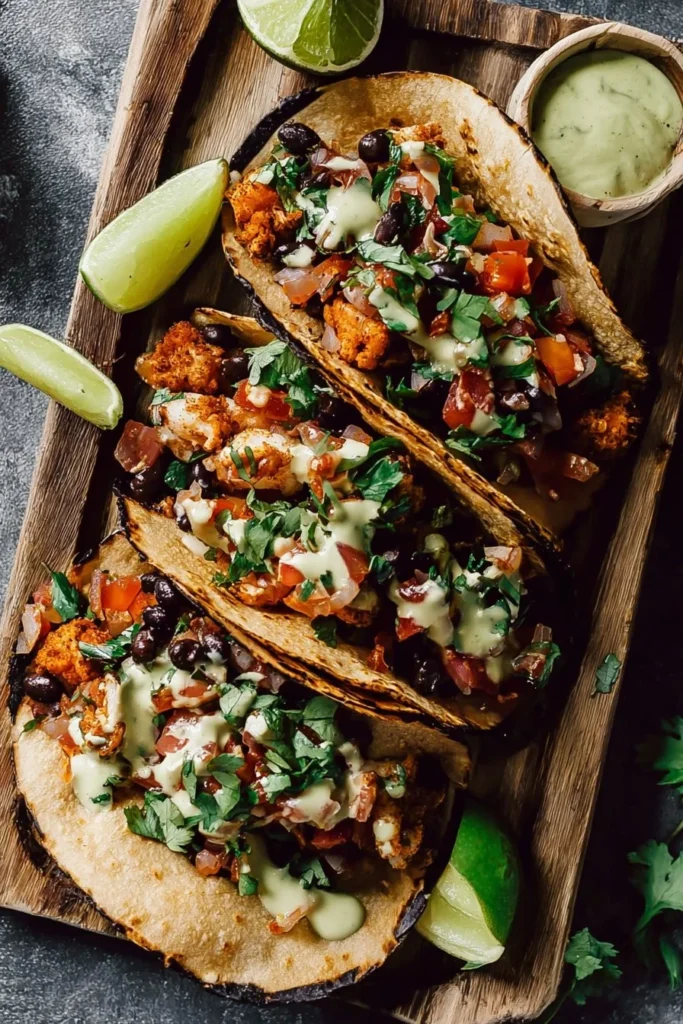 Colorful easy vegetarian tacos filled with fresh vegetables and toppings.