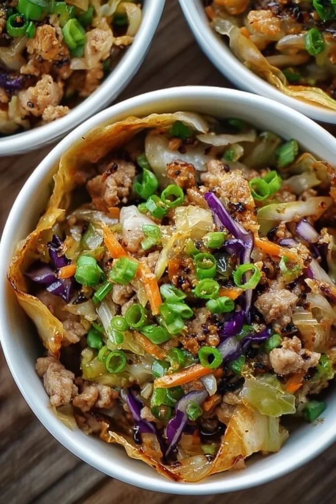 Colorful egg roll bowls with vegetables and dipping sauce