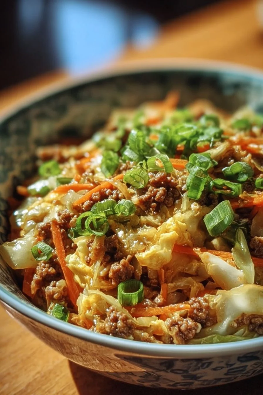 A colorful egg roll in a bowl with veggies and protein served in a dish