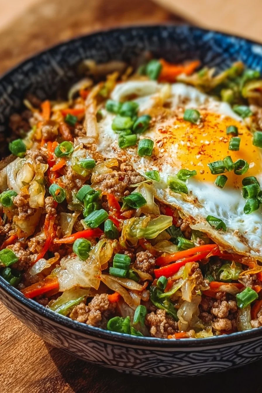 Delicious egg roll in a bowl filled with cabbage, carrots, and protein.
