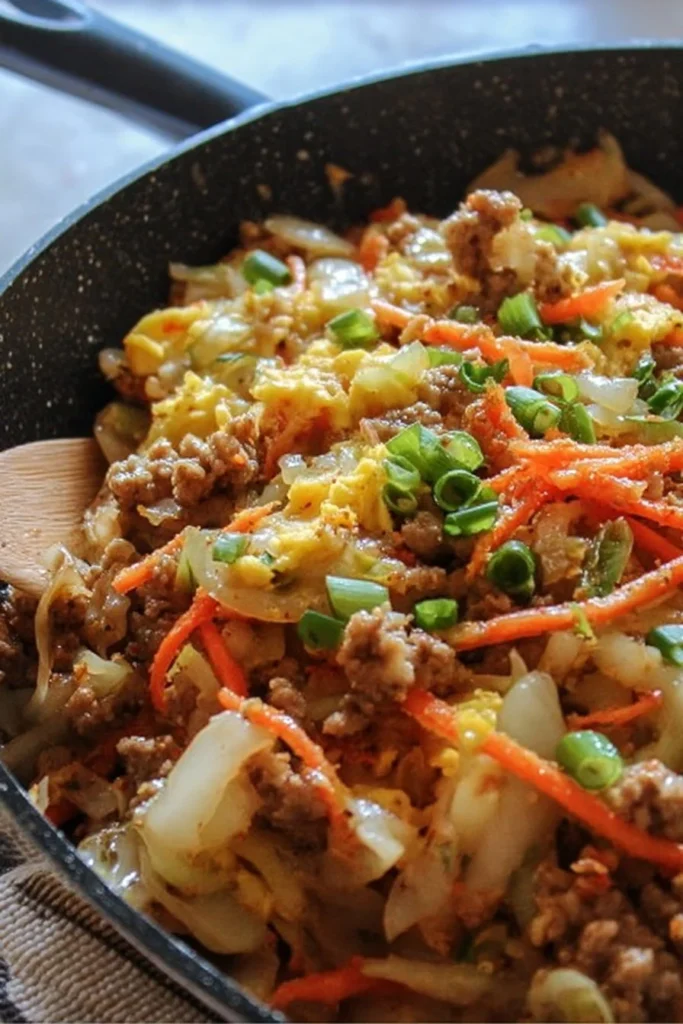 Keto egg roll in a bowl cooked in a skillet with fresh vegetables and seasonings