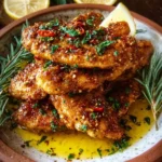 A plate of flavorful Mediterranean chicken tenders garnished with herbs.