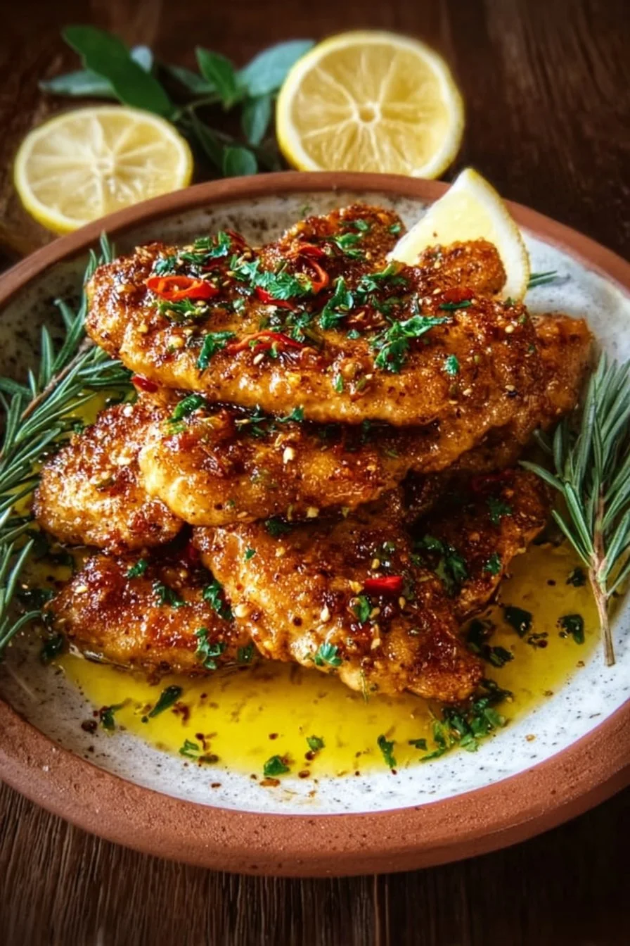 A plate of flavorful Mediterranean chicken tenders garnished with herbs.