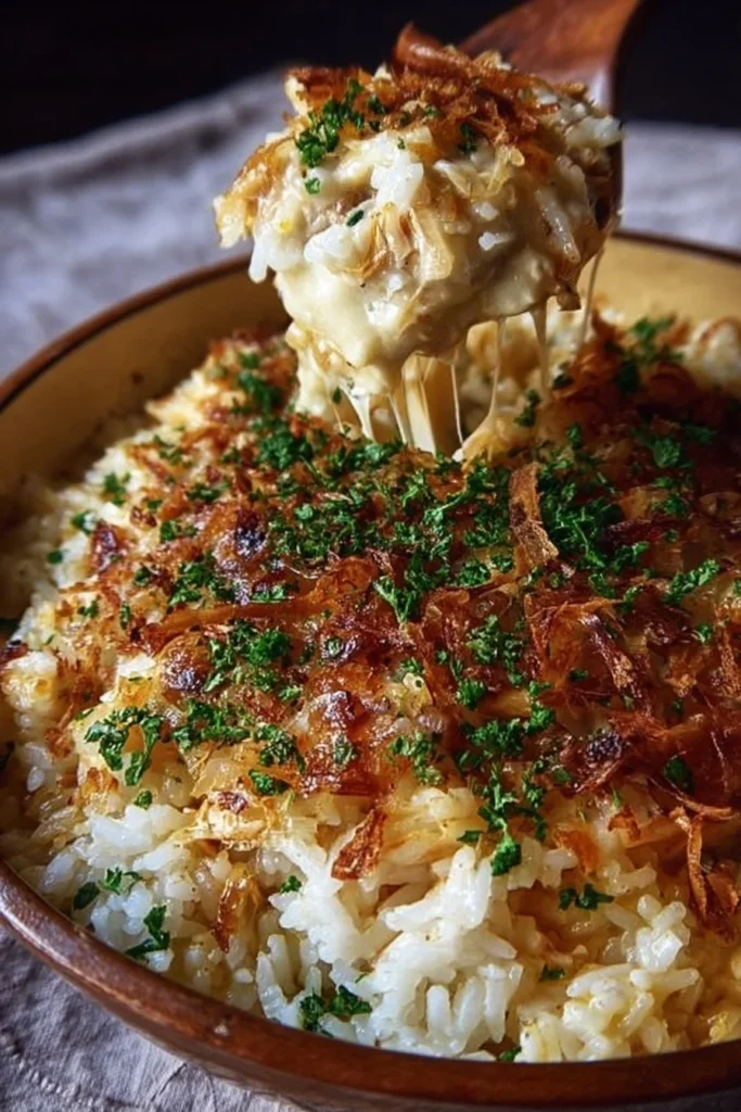 Delicious French Onion Chicken Rice Bake with melty cheese and crispy onion topping
