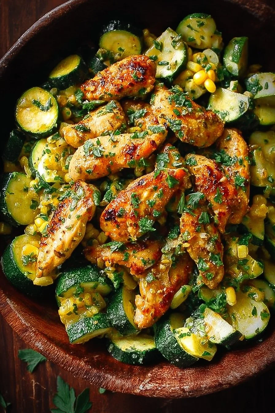 Delicious Garlic Butter Chicken served with sautéed zucchini
