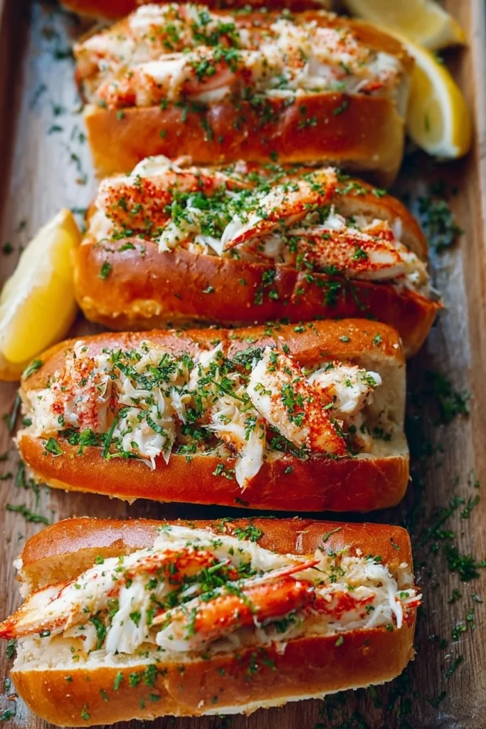 Garlic butter king crab rolls served with lemon wedges
